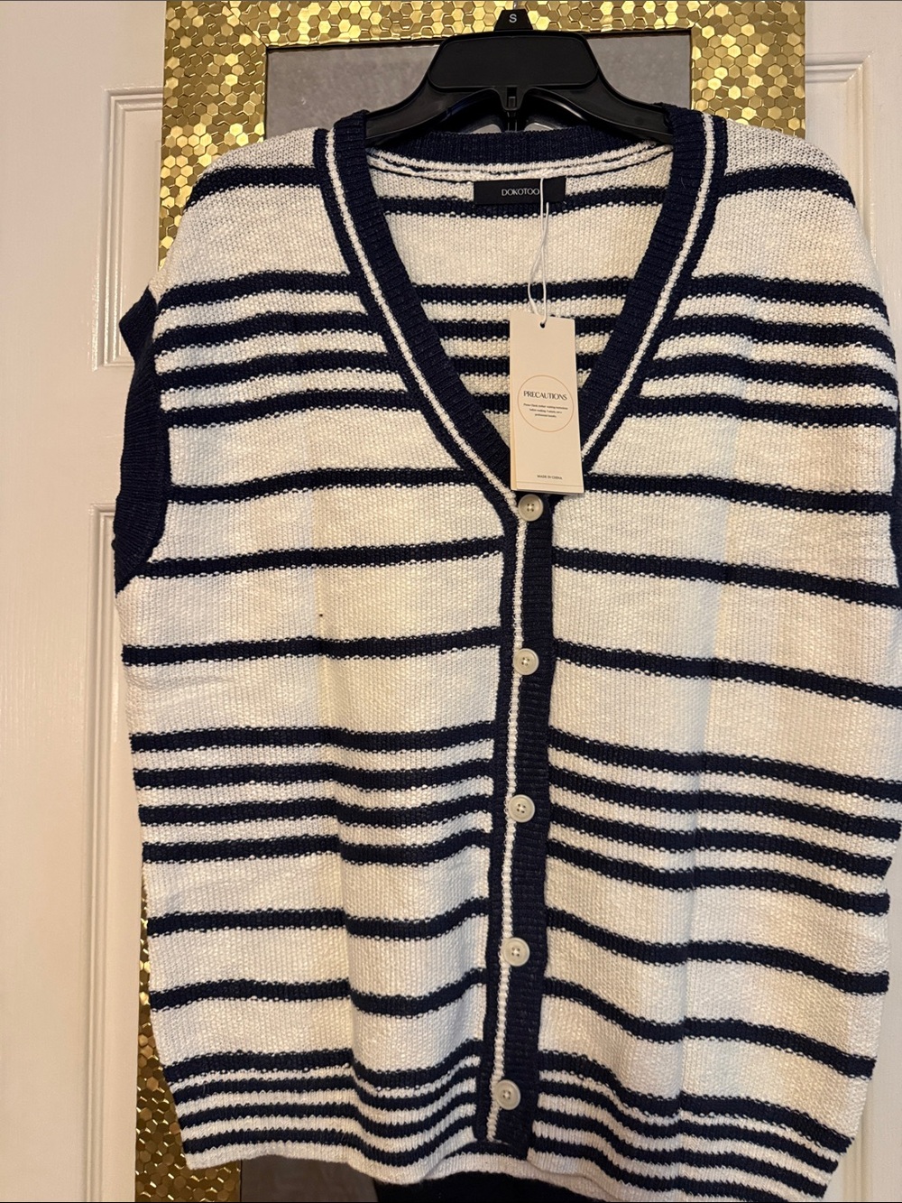 Navy and White Striped Sleeveless Cardigan Vest